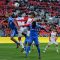 Toronto FC's Ryan Johnson (centre) wins the battle for a header against teammate Doneil Henry and Montreal Impact's Matteo Ferrari (left) and Shavar Thomas (right). TFC won 2-0 against the Impact on Wednesday night at BMO Field (Karan Vyas)